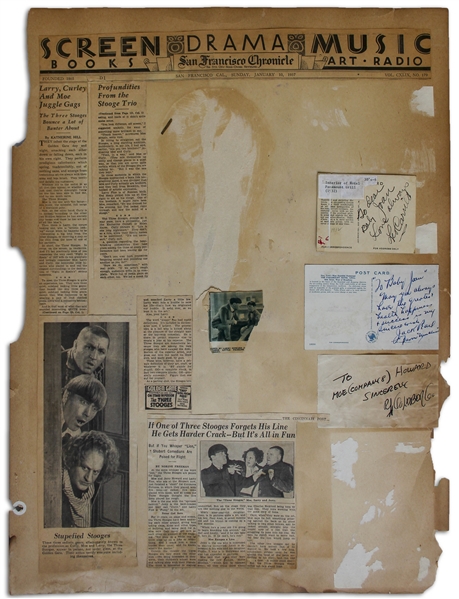 Joan Crawford Letter Signed to ''Moe Darling'' Regarding ''Dancing Lady'' -- Also With Autographs From Rube Goldberg, Leo Carillo & Jack Pearl, Affixed to Moe's 18'' x 24'' News Clippings From 1937